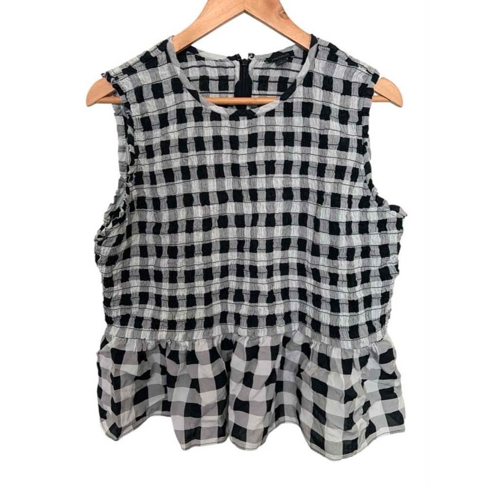 Ann Taylor Black White Gingham Smocked Sleeveless Peplum Tiered Top Cotton XL